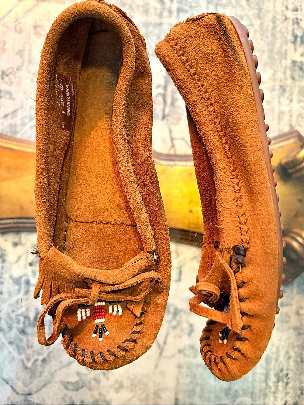 Minnetonka Thunderbird Beaded Fringe Leather Moccasins Brown Beaded Fringe US 9